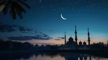 The Silhouette Of A Small Mosque Under A Dramatic Half  Moon, The Sky Filled With Dynamic, Moving Clouds In Various Tones Of Blue. 