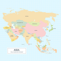  Asia Map separated country full color with the country name for design an decoration.