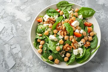 Poster - Nutritious salad with spinach chickpeas quinoa feta walnuts on white plate concrete background Top view