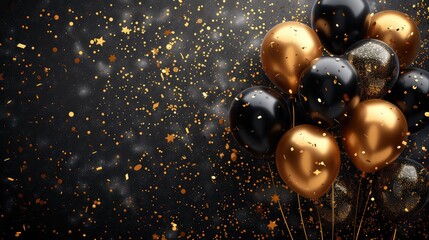 Wall Mural - gold black balloon confetti background for graduation birthday happy new year opening sale concept u