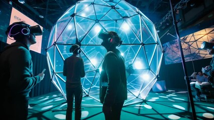 Wall Mural - Glowing blue network sphere dominates dark space. Interconnected nodes and lines form complex data visualization. Silhouetted figures observe from foreground. 