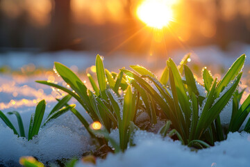 Wall Mural - A field of grass covered in snow with the sun shining on it