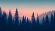 The rugged beauty of a mountain forest at dusk, with the silhouette of the trees against a gradient sky from twilight blue to soft pink. 32k, full ultra hd, high resolution