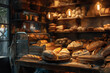 Cozy bakery scene with a display of handcrafted breads, including sourdough, baguettes, and multigrain loaves, warm ambient lighting