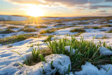 Wall Mural - A field of snow covered grass with a sun shining on it