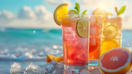 Wall Mural - Refreshing summer drinks on a beach bar counter, vibrant ad banner