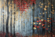 A painting of a forest with trees and leaves in various colors