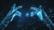 The hands of manipulators of the robot from futuristic polygonal blue lines and glowing stars for banner, AI generated