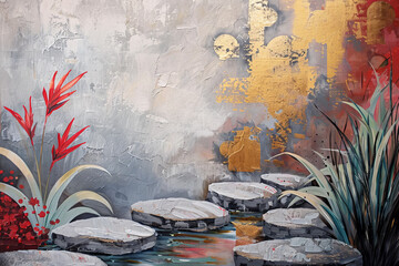 Wall Mural - A painting of a river with a path of stones leading to it