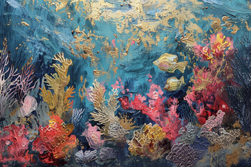 Sticker - A painting of a coral reef with a gold and pink color scheme