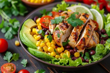 Poster - Southwestern chicken salad with avocado tomatoes sweet corn beans and lettuce topped with creamy cilantro dressing Overhead view