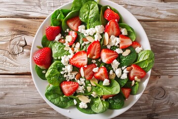 Wall Mural - Spinach salad with strawberries feta almonds in white bowl on wooden table Menu From above