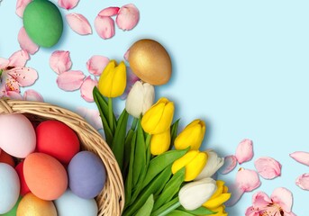 Wall Mural - Easter Composition: colorful eggs, fresh flowers