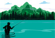 Fishing.Fly fisherman fishing.graphic fly fishing.Fishing with children at the river