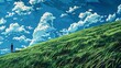blue sky with cloud and a person on a grassy hill illustration poster background