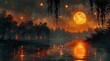Orb-lit Night Oasis: Oil Painting Illuminating Riverside with Glowing Floating Spheres