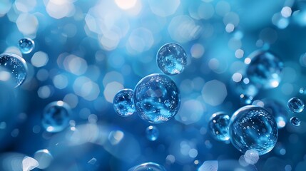 Bright blue bubbles in water with a molecular structure, glassy texture, and light blue hue for design applications such as backgrounds, covers, posters, banners, PPT presentations, KV design, and wal