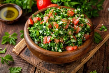 Wall Mural - Overhead view of tabbouleh salad in wooden bowl