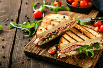 Sticker - Panini sandwich with salad and cherry tomatoes on wooden board