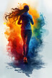 colorful watercolor shadow of slender sporty woman running sublimation clipart isolated on white,