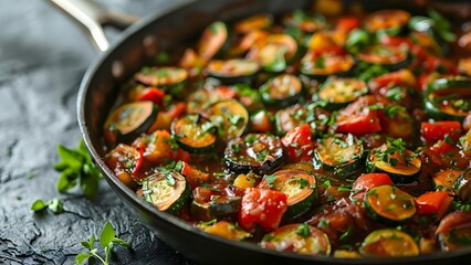 Wall Mural - Making ratatouille in a skillet with fresh vegetables. Concept Cooking, Ratatouille, Skillet, Fresh Vegetables, Recipe