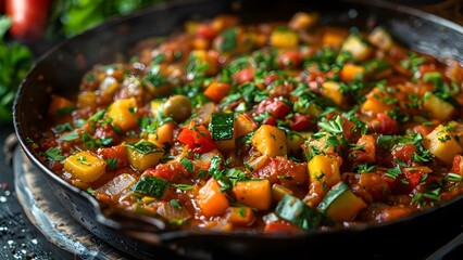 Wall Mural - Preparing Ratatouille in a Skillet with Fresh Vegetables. Concept Cooking, Recipe, Vegetarian, Ratatouille, Skillet