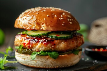 Wall Mural - Thai chicken burger with cucumber and chili sauce