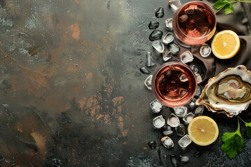 Sticker - Top down image of three oysters on ice with wine lemon and space for text