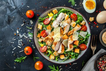 Canvas Print - Top view of a healthy Caesar salad with chicken eggs cheese and croutons from Italian cuisine