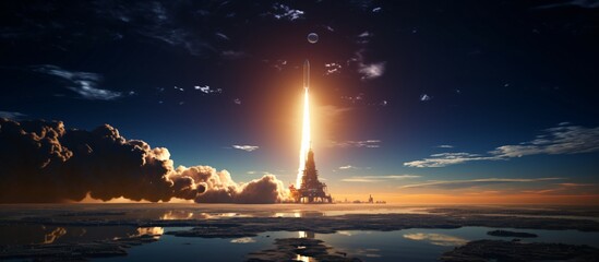 Wall Mural - A small image of a rocket being launched from Earth to another planet.