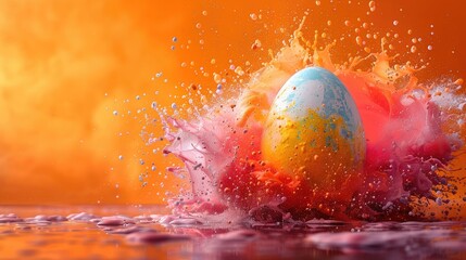 Wall Mural - easter egg in a color explosion or splash on orange background stock photo