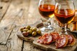 © LimeSky - Two glasses of sherry paired with Spanish tapas on a wooden table with copy space