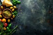 Various cheeses olives herbs on dark vintage texture Top view Background design with text space