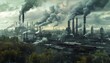 Craft a scene of industrial decay with abandoned factories against a polluted sky Incorporate a digital manipulation to showcase a decaying forest creeping into the urban landscape, shot from a distor