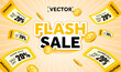 3d flash sale banner template with flying coupons and coins, isolated on background. Voucher giveaway poster. Coupon code offer with sale off event. Vector illustration. Vector illustration