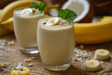 Fototapeta Do pokoju - Healthy breakfast with banana smoothie granola and cinnamon in glass