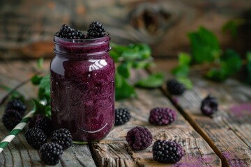 Poster - Healthy blackberry smoothie in a mason jar with berries on rustic wood