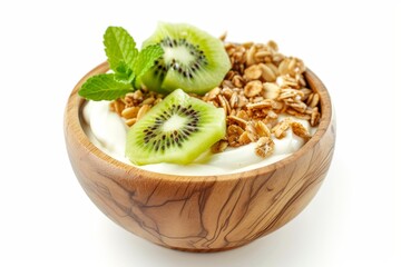 Poster - Healthy breakfast with mango yogurt granola and kiwi in a wooden bowl on a white background