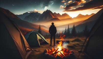 camping in the mountains at sunset