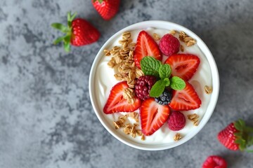 Wall Mural - Healthy strawberry yogurt with granola perfect for breakfast Bird s eye view