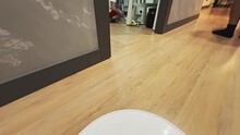 A Person Is Walking On A Wooden Floor With A White Robot In The Background
