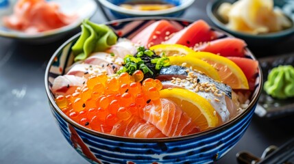 Sticker - A colorful bowl of chirashi sushi topped with fresh slices of fish, seafood, and tamago