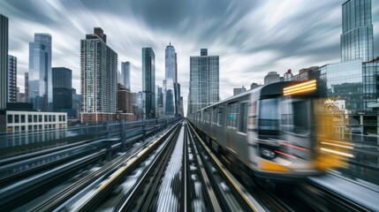 Aufkleber - A commuter train speeding through an urban landscape, with skyscrapers towering in the background against a cloudy sky.