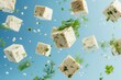 In motion tofu pieces with dill and parsley on blue background Asian vegan protein healthy food falling and flying