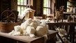 Angora wool spinning in a cottage industry setting, from raw fiber to finished garments