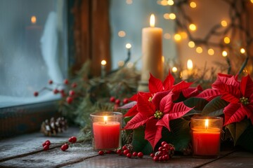 Poster - Indoor table with Poinsettia candles and garland space for text Interior decorations