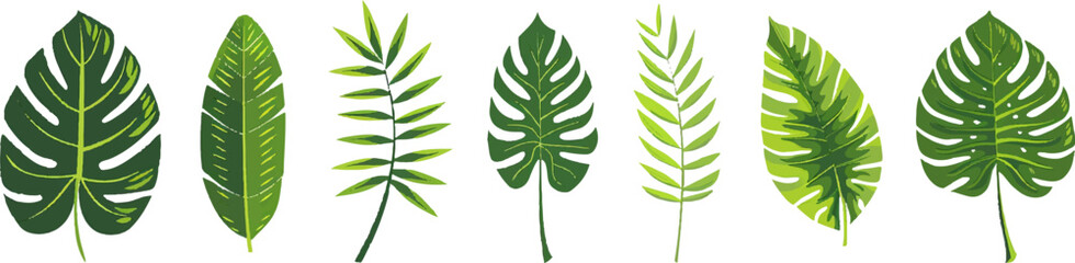 Sticker - Set of vector tropical leaves and palm fronds on a white background