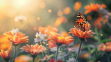 Fototapeta  - A butterfly perched on a colorful flower, enjoying the warm spring sunshine