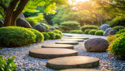 Canvas Print - Tranquil Japanese garden scene with pathway of smooth rocks leading to zen