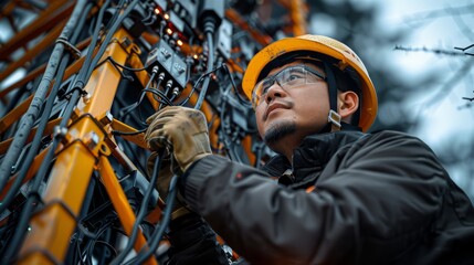 Wall Mural - Asian male engineer wearing a helmet doing field work controlling a mobile electrical installation to monitor and maintain the network. Installed on tall buildings